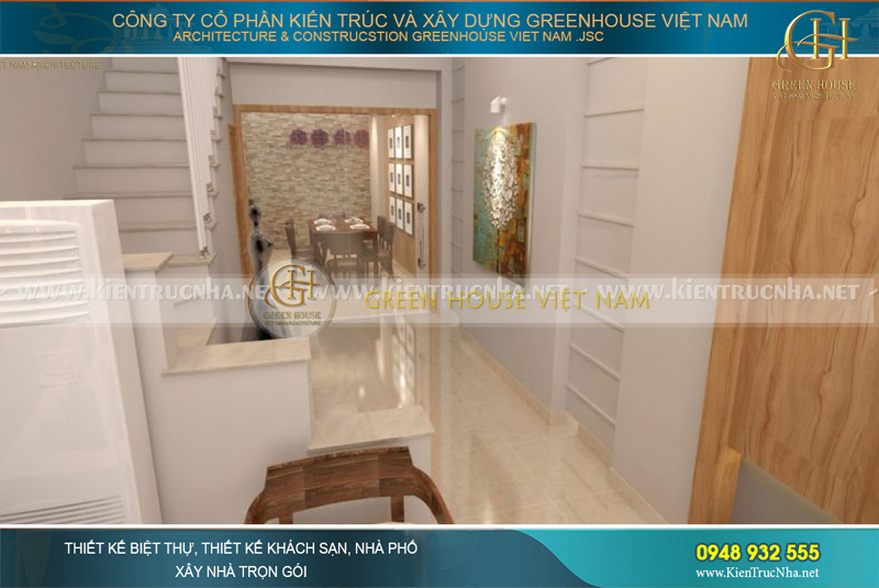 Màu trắng được sử dụng chủ đạo trong không gian chính, từ tường nhà cho đến màu gạch sàn để tạo được không gian diện tích rộng rãi