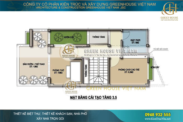 Khu vực tầng 4 của ngôi nhà ống được sử dụng làm phòng chơi cho trẻ em, phòng thời, sân giặt phơi và khu vực tiểu cảnh sân vườn