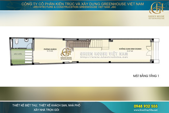 Thiết kế mặt bằng tầng 1 với không gian kinh doanh và không gian sinh hoạt tại phòng khách của gia đình được cân đối khoa học
