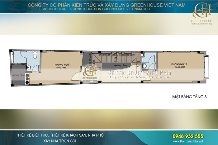 Các khu vực phòng ngủ chính được đặt tại tầng 3 và tầng 4