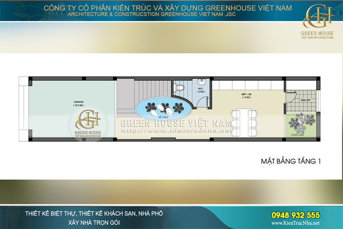 Không có lợi thế về diện tích nhưng sự khéo léo của các kiến trúc sư vẫn tạo ra được khung cảnh thiên nhiên ấn tượng tại mặt bằng tầng 1 với bể cảnh cùng sân vườn thu nhỏ