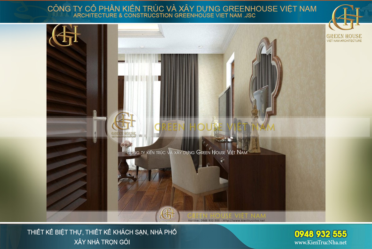 Khu vực bàn trang điểm được kết hợp làm kệ tivi tiện lợi
