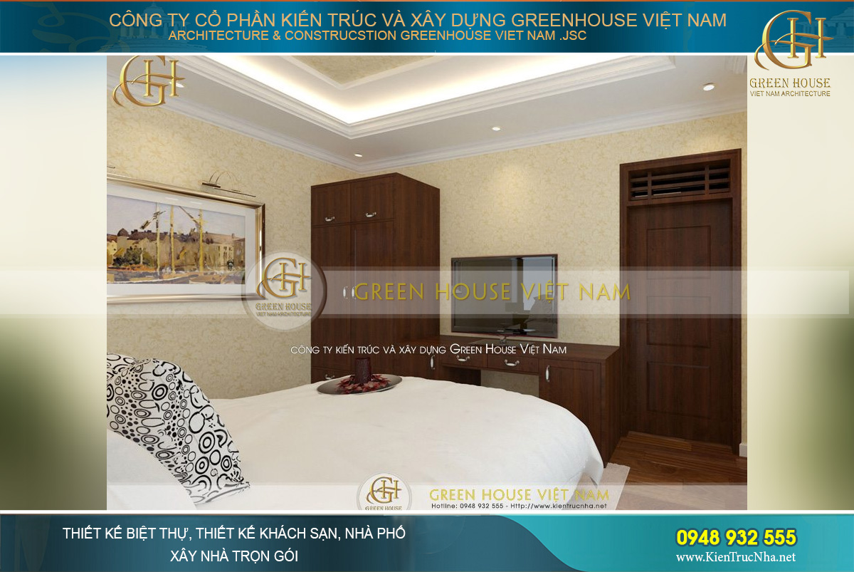 Kệ tủ gỗ được ốp sát vào tường tạo thành một khối tổng thể liền mạch, như một sự tương phản hai màu sắc nhưng đồng thời cũng có sự bổ trợ lẫn nhau một cách khéo léo