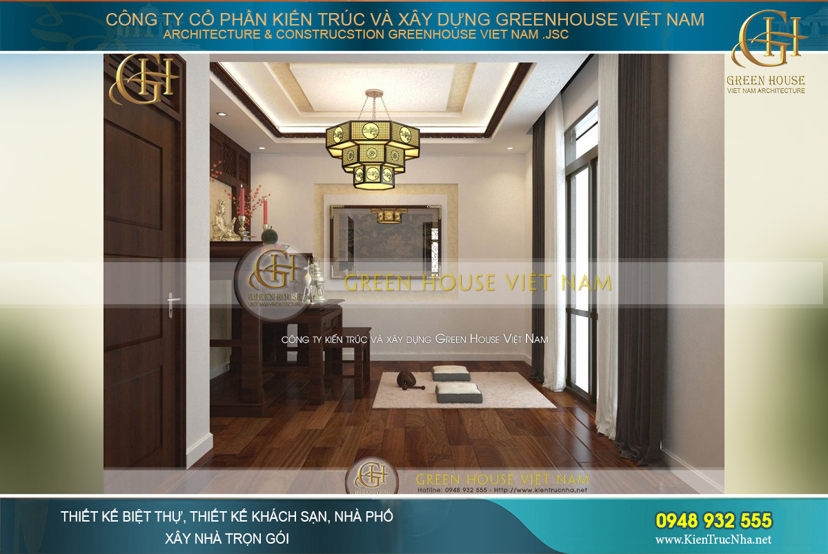 Phòng thờ được thiết kế với điểm nhấn đèn trần độc đáo nhưng vẫn giữ được nét đẹp hiện đại, truyền thống cần có cho khu vực thờ cúng linh thiêng trong nhà