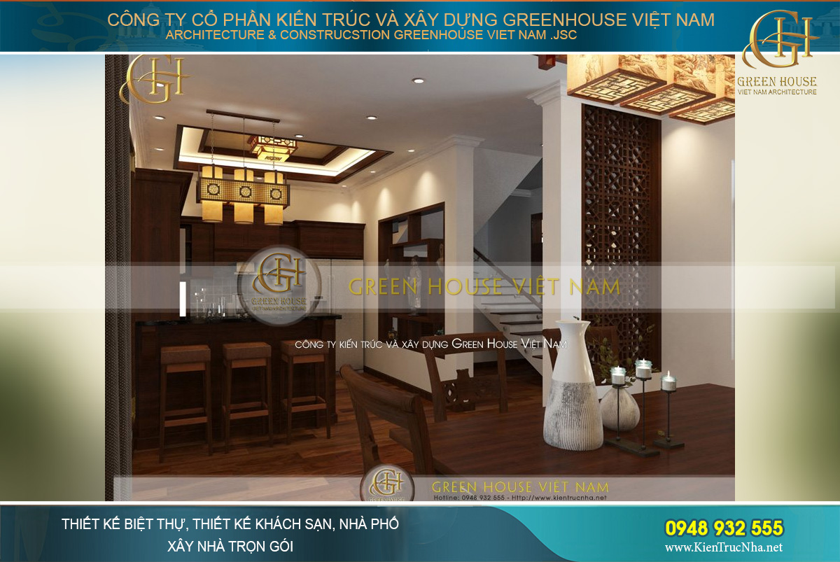 Thiết kế bếp ăn với khu vực quầy bar vô cùng ấn tượng, kết hợp đèn trần độc đáo hoàn toàn tạo thành một không gian nhà hàng thu nhỏ