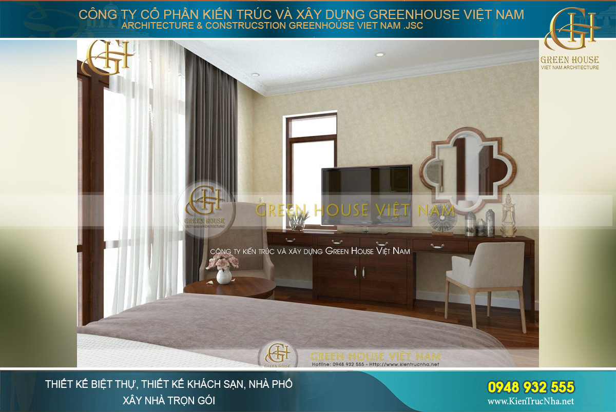 Thiết kế phòng ngủ master hài hòa, trang nhã với chiếc bàn tròn xinh xắn cùng chiếc ghế tựa thoải mái tạo không gian phòng ngủ trở nên thư thái hơn bao giờ hết