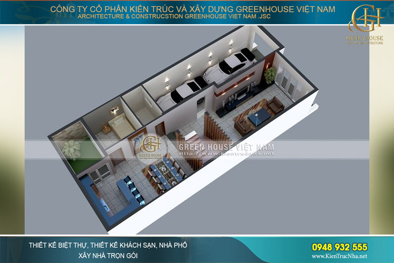 Không gian phối cảnh bố trí mặt bằng tầng 1