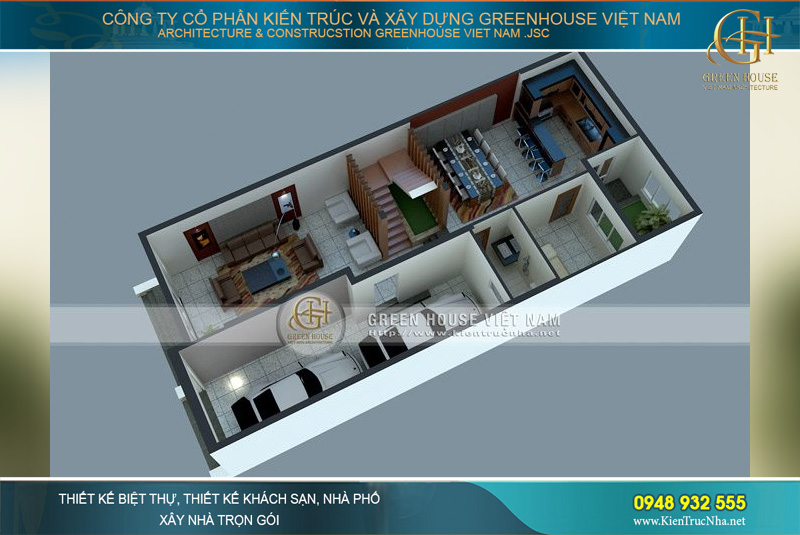Thiết kế lối thông tầng rộng rãi, cầu thang bằng gỗ được xây dựng vững chãi, đảm bảo an toàn khi di chuyển