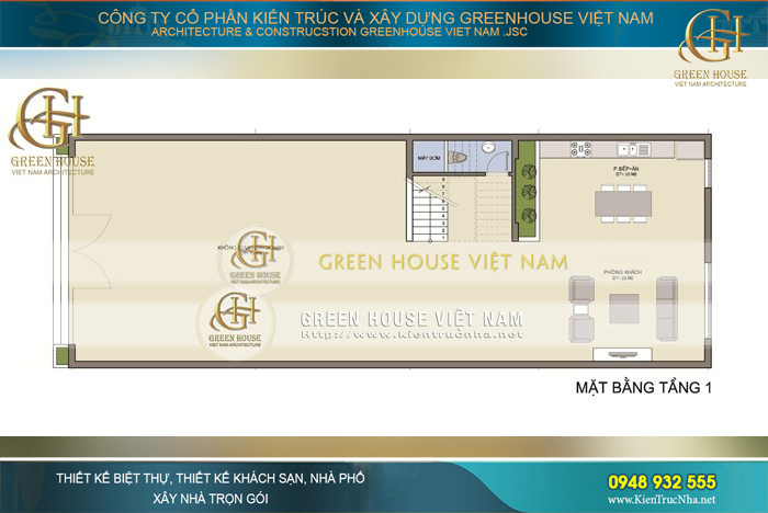 Diện tích mặt bằng tầng 1 được phân chia thành không gian kinh doanh và khu vực sinh hoạt của gia đình một cách hợp lý