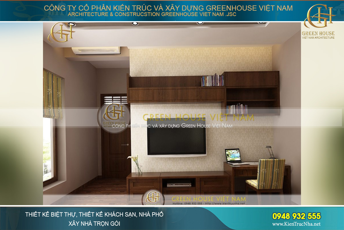 Khu vực học tập, làm việc với kệ tủ tivi được thiết kế khoa học và thông minh