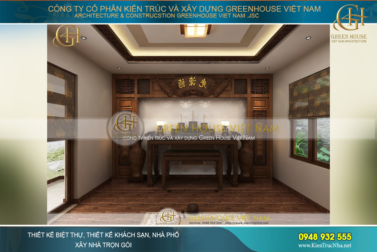 Khu vực phòng thờ linh thiêng tại ngôi nhà với không gian nội thất hoàn toàn bằng gỗ, mang đến nét đẹp văn hóa truyền thống cần có