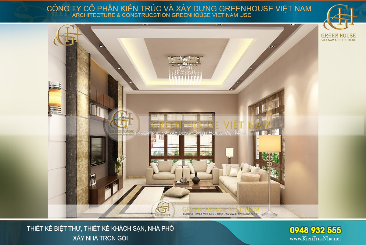 Thiết kế phòng khách sang trọng với những đồ dùng nội thất cao cấp, được tuyển chọn kĩ lưỡng từ bộ bàn ghế sofa cho đến kệ tủ âm tường