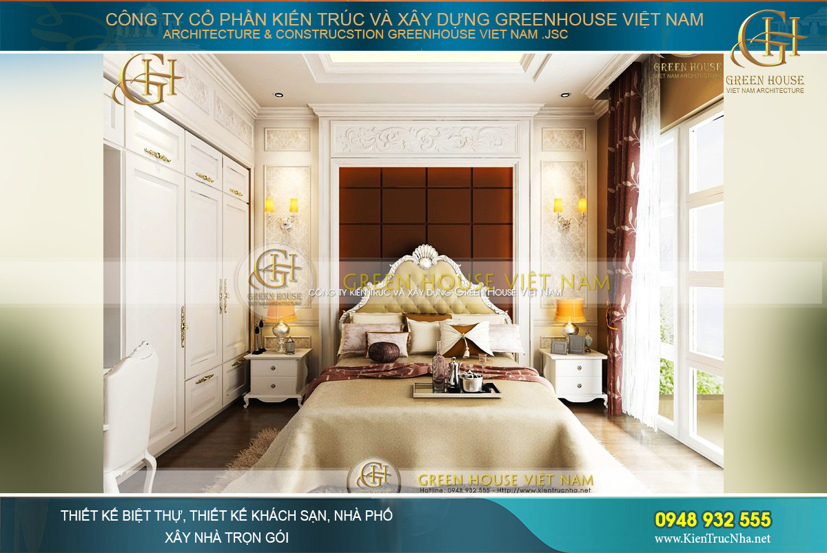 Không gian phòng ngủ master với nội thất được trang trí, điểm xuyết cầu kì và đẹp mắt