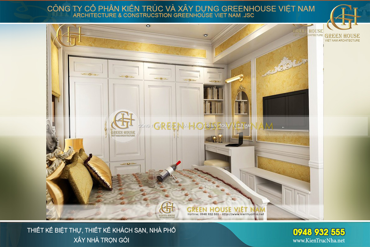 Các kệ tủ được thiết kế áp sát tường đảm bảo tiết kiệm diện tích phòng ngủ hợp lý