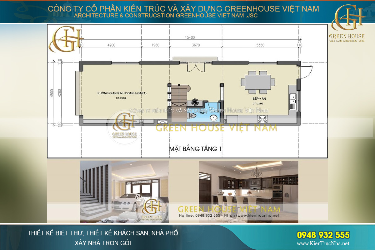 Diện tích mặt bằng tầng 1 là khu vực kinh doanh và phòng bếp, phòng ăn chính của gia đình