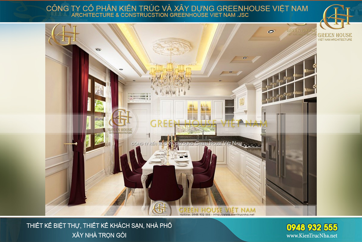 Phòng ăn kết hợp phòng bếp tiện nghi, sang trọng trong nhà phố tân cổ điển