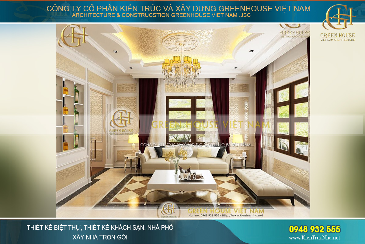 Phòng khách được thiết kế đẹp mắt, thể hiện được sự sang trọng của phong cách tân cổ điển