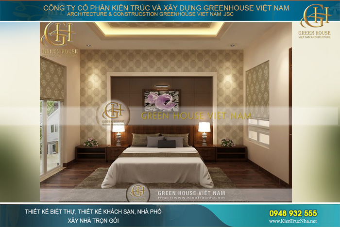 Thiết kế phòng ngủ hiện đại, sàn nhà và tường được ốp giả gỗ nhưng vẫn tạo nên nét đẹp sang trọng cho không gian