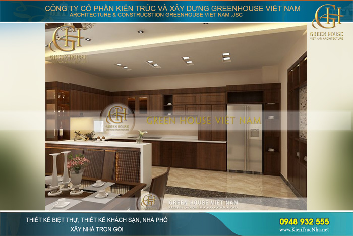 Nội thất gỗ được sử dụng khéo léo để mang đến không gian ấm cúng trong phòng bếp và phòng ăn