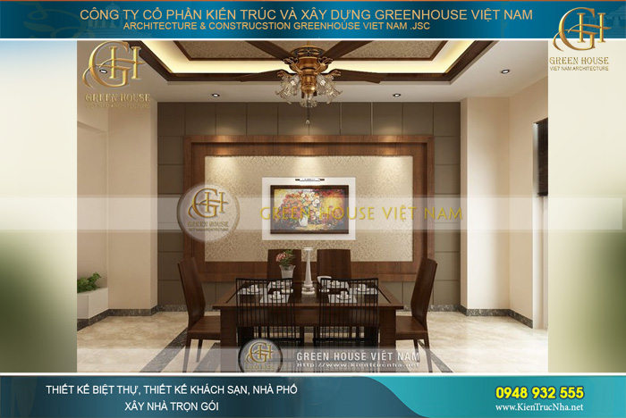 Khu vực bàn ăn được thiết kế sang trọng, trang trí thu hút và hiện đại, mang đến sự thoải mái cho các thành viên trong gia đình khi dùng bữa