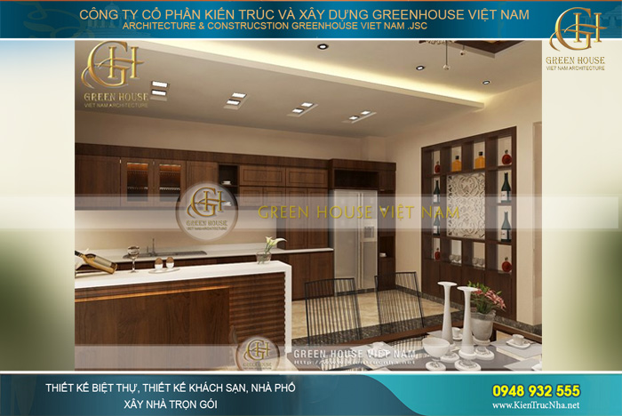 Tủ đựng rượu thiết kế dưới dạng âm tường, không gây xâm lấn diện tích nhiều trong phòng bếp