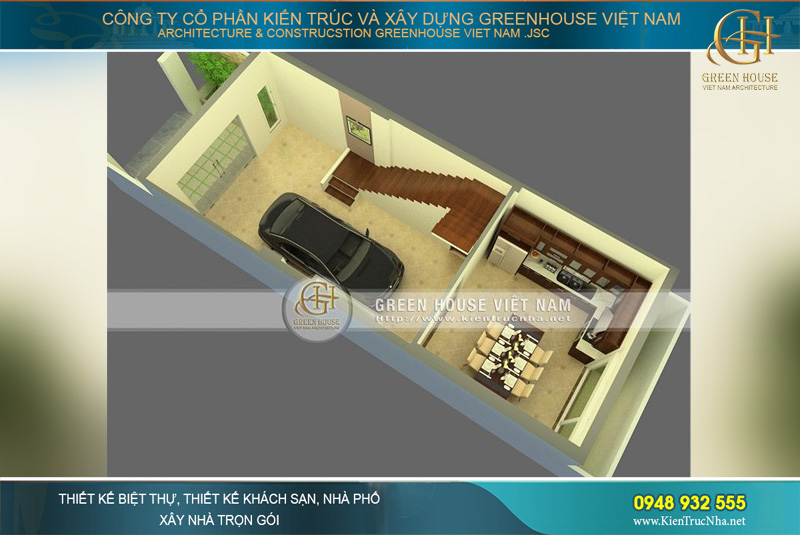 Green House Việt Nam tận dụng khéo léo diện tích mặt bằng đất để thiết kế khu vực để xe oto hợp lý