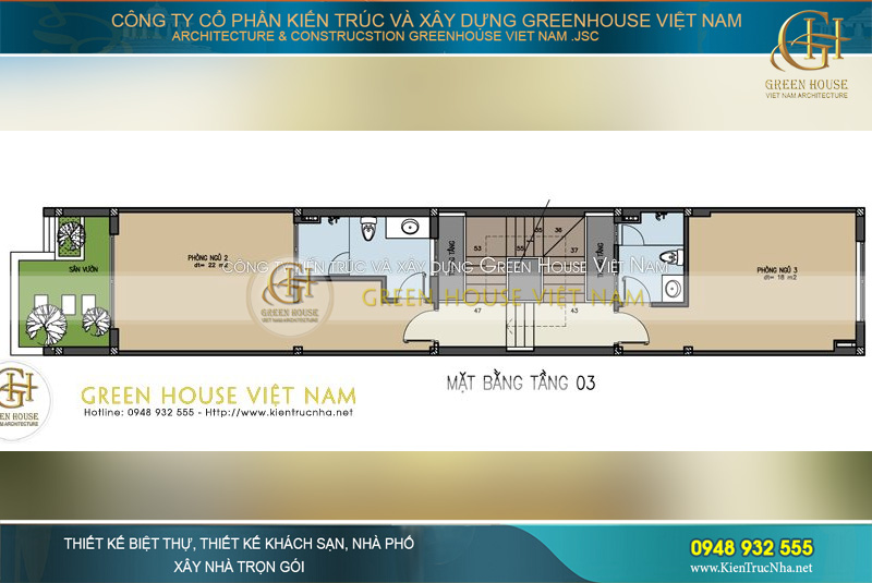 Tầng 3 là hai phòng ngủ dành cho các thành viên còn lại trong gia đình, khu vực ban công sân vườn tạo sự thông thoáng cho căn phòng ngủ