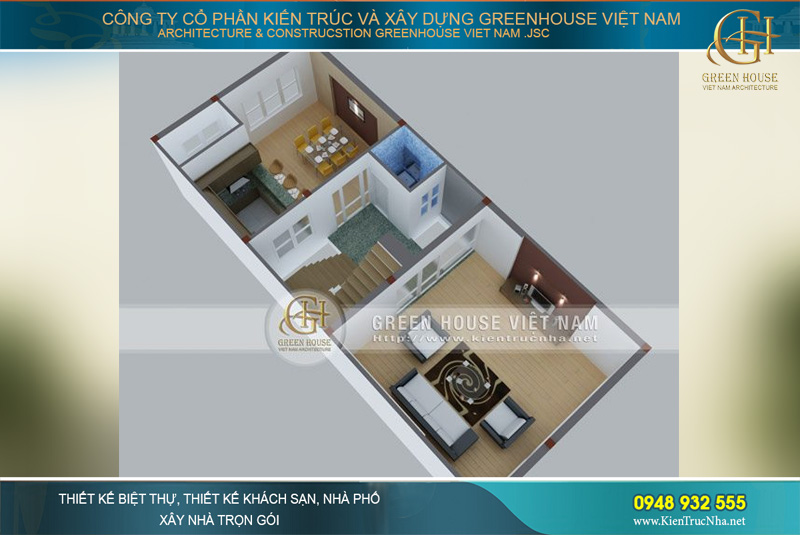 Khu vực sinh hoạt chung như phòng khách cùng phòng bếp được phân chia diện tích rộng rãi, hợp lý