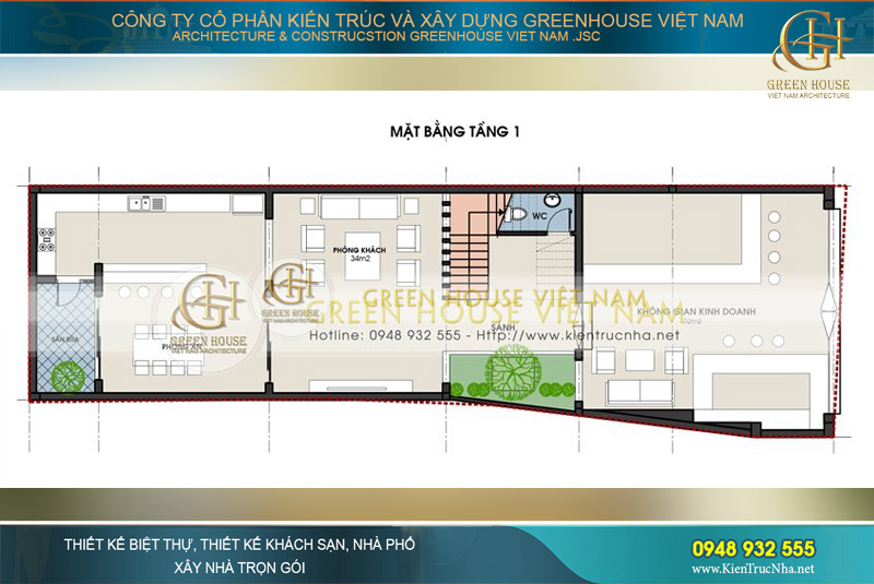 Mặt bằng bố trí không gian nội thất của tầng 1: Đây là không gian thể hiện rõ ý đố của kiến trúc sư khi vừa kết hợp không gian sinh hoạt chung của gia đình và một phần làm nơi kinh doanh