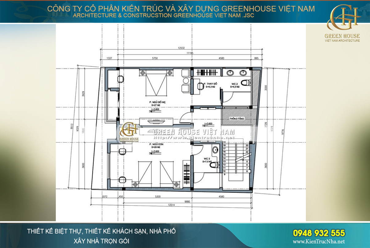 Mặt bằng tầng 2 là không gian phòng ngủ riêng của từng thành viên, tại mỗi phòng ngủ đều được xây dựng theo cá tính riêng của từng người