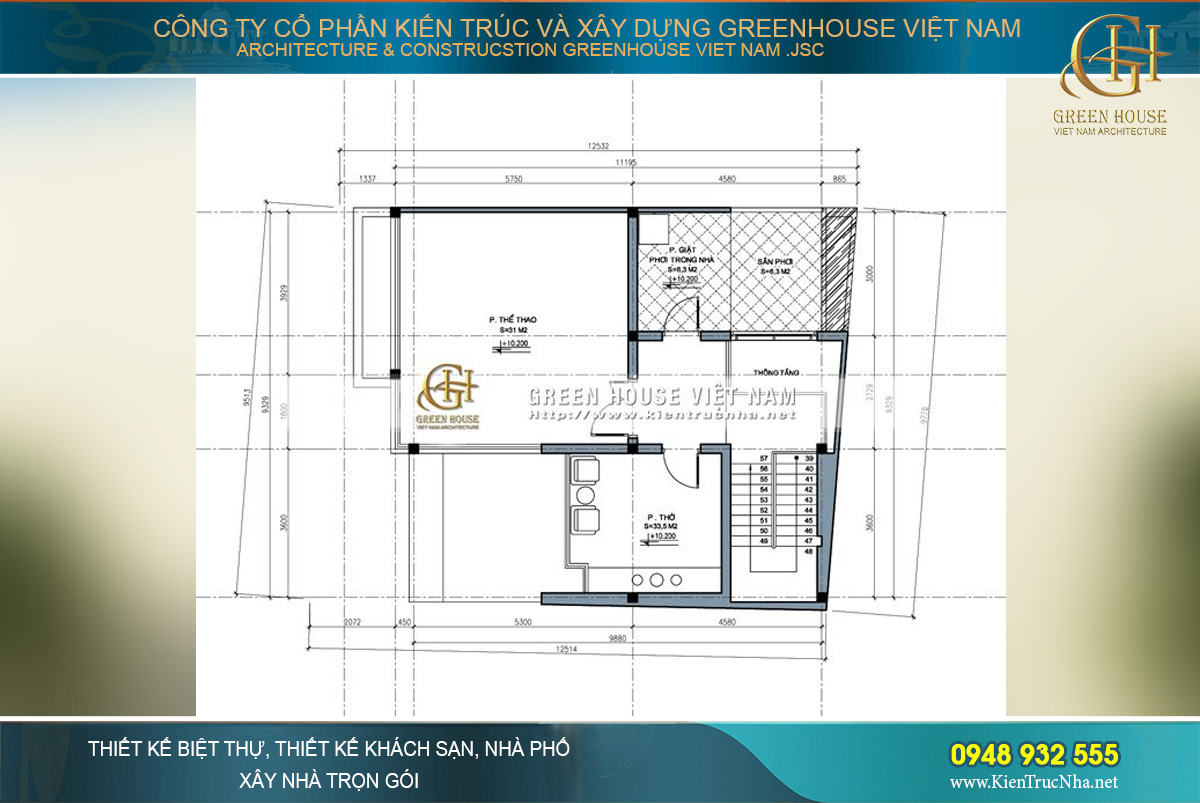 Tầng 4 là không gian của phòng thờ, phòng thể thao, nơi giặt đồ và phơi phóng cho gia đình