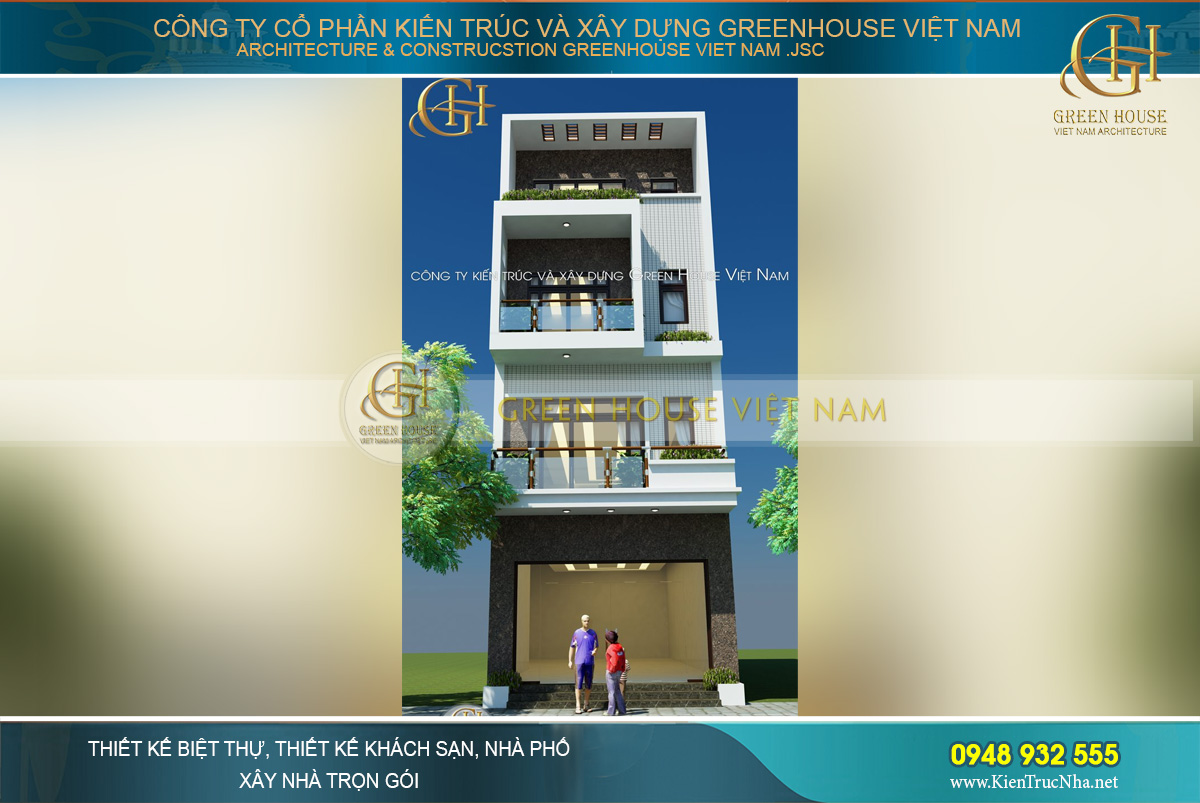 Hình ảnh tổng quan thiết kế 3D mặt tiền nhà phố 4 tầng tại Bắc Giang