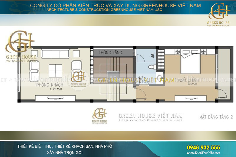 Mặt bằng tầng 2 là không gian sinh hoạt chính của gia đình với phòng khách, phòng ngủ chính kết hợp thiết kế thông tầng thông minh, khoa học