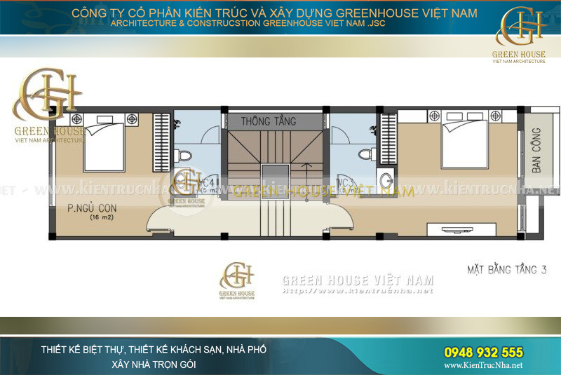 Tầng 3 là hai phòng ngủ nhỏ, mỗi phòng ngủ đều có thiết kế nhà vệ sinh riêng phục vụ nhu cầu sử dụng cá nhân của các thành viên trong gia đình