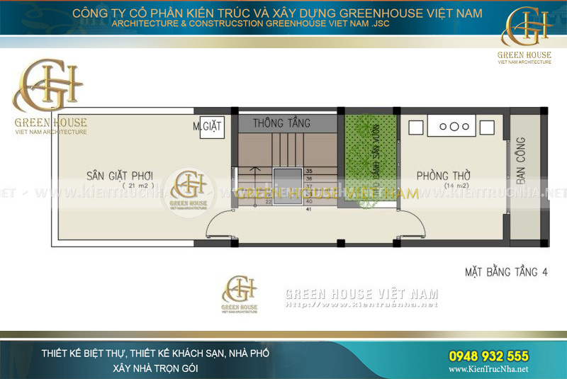 Tầng 4 là phòng thờ, phòng giặt phơi, khu vực sân thượng ngoài trời có tiểu cảnh sân vườn