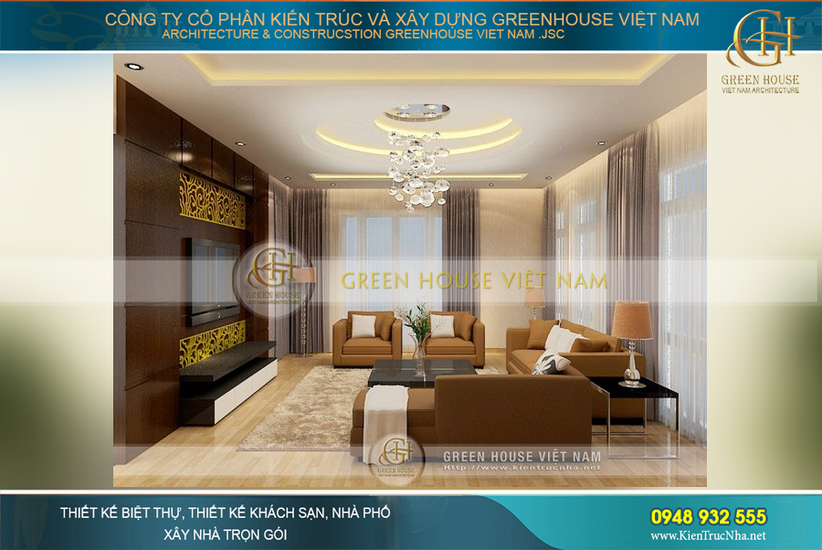 Nội thất phòng sinh hoạt chung ấm cúng với gam màu trầm nhẹ cho cảm giác thư thái