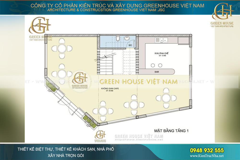 Diện tích quán cafe tương đối rộng rãi, có đầy đủ công năng để hoạt động kinh doanh hiệu quả