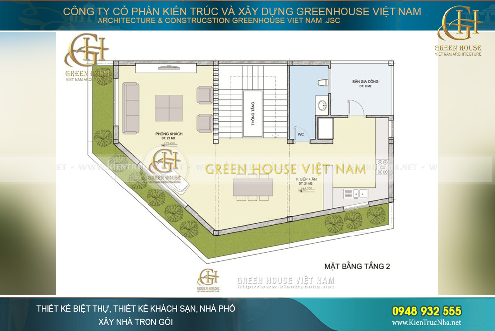 Khu vực tầng 2 là phòng khách cùng phòng bếp và phòng ăn, bên ngoài là không gian tiểu cảnh xanh tươi độc đáo