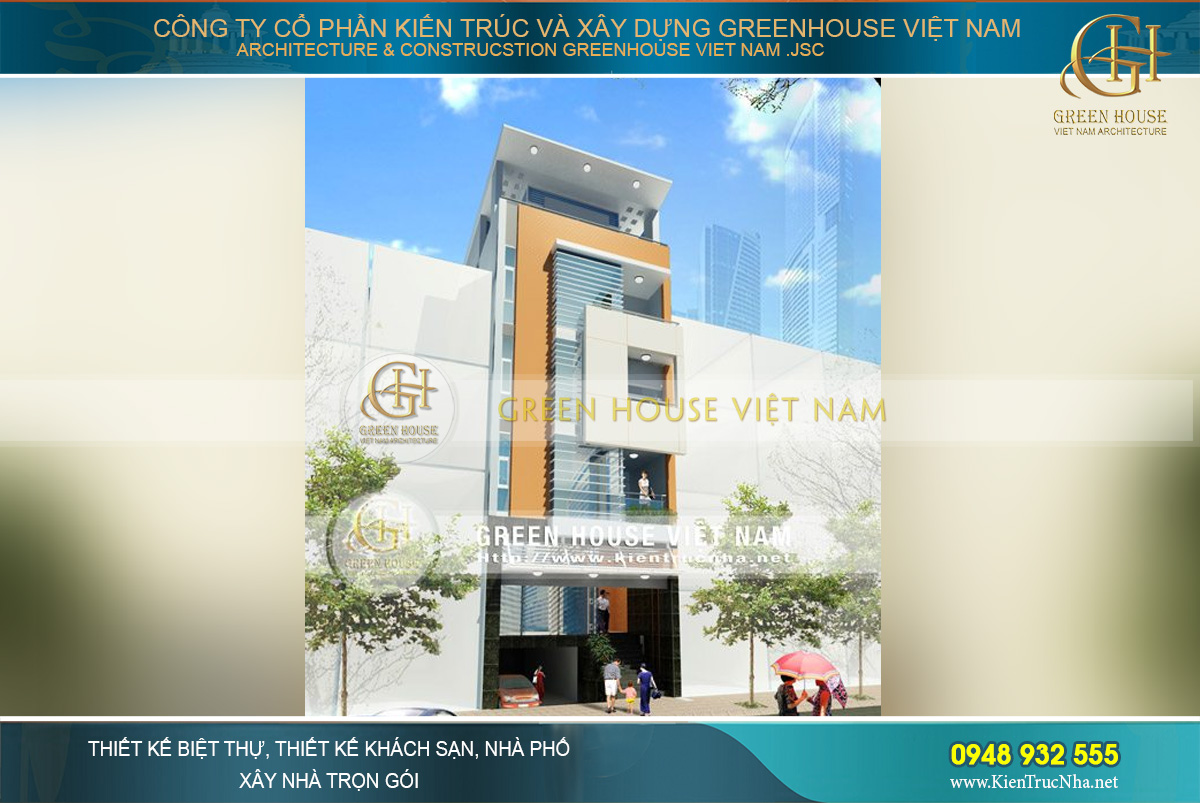 Mặt tiền ngôi nhà phố 5 tầng kết hợp kinh doanh thể hiện sắc nét vẻ đẹp hiện đại và mới mẻ mà Kiến trúc sư muốn gửi gắm tới cho khách hàng