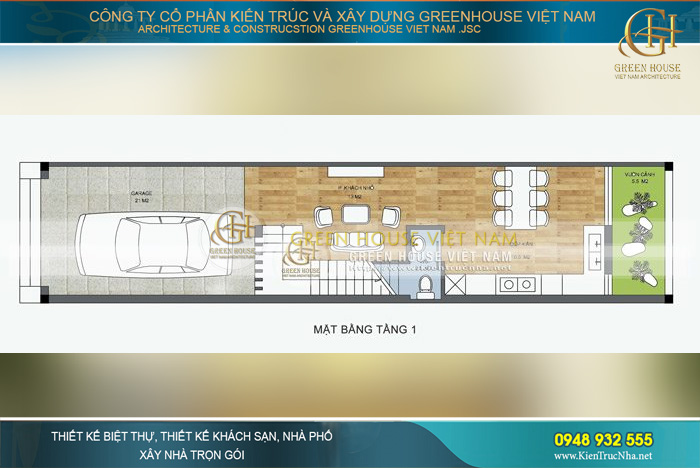 Diện tích mặt bằng tầng 1 với không gian để xe oto, khu vực phòng khách nhỏ, phòng bếp cùng phòng ăn