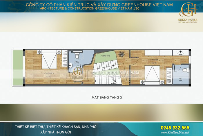 Mặt bằng tầng 3 là không gian phòng ngủ riêng tư của các thành viên trong gia đình