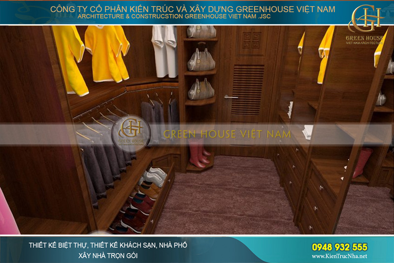 Phòng thay đồ của gia chủ với kệ gỗ lớn, được phân chia lắp thành các ngăn để đồ hợp lý