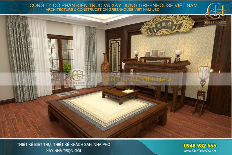 Không gian nội thất phòng thờ với nội thất gỗ cao cấp, chuyên dụng