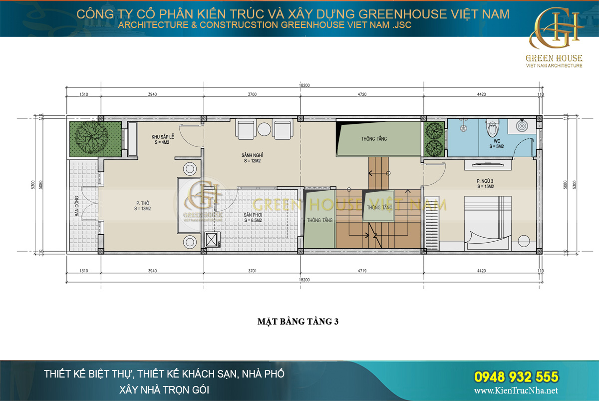 Bố trí mặt bằng công năng sử dụng của tầng 3 nhà phố hiện đại tại Bắc Ninh