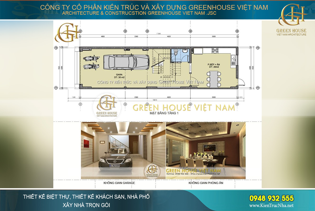 Bố trí công năng sử dụng của tầng 1 với gara oto trong nhà cùng không gian phòng bếp, phòng ăn