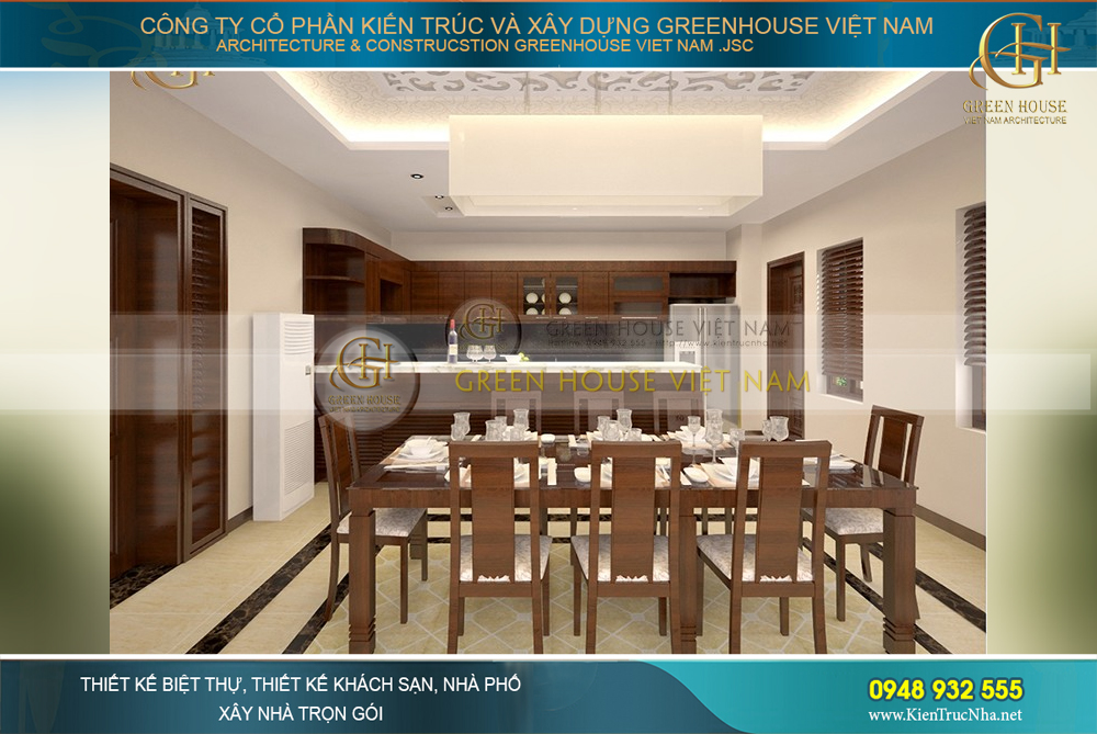 Nội thất gỗ được chọn làm chủ đạo trong không gian phòng bếp và phòng ăn