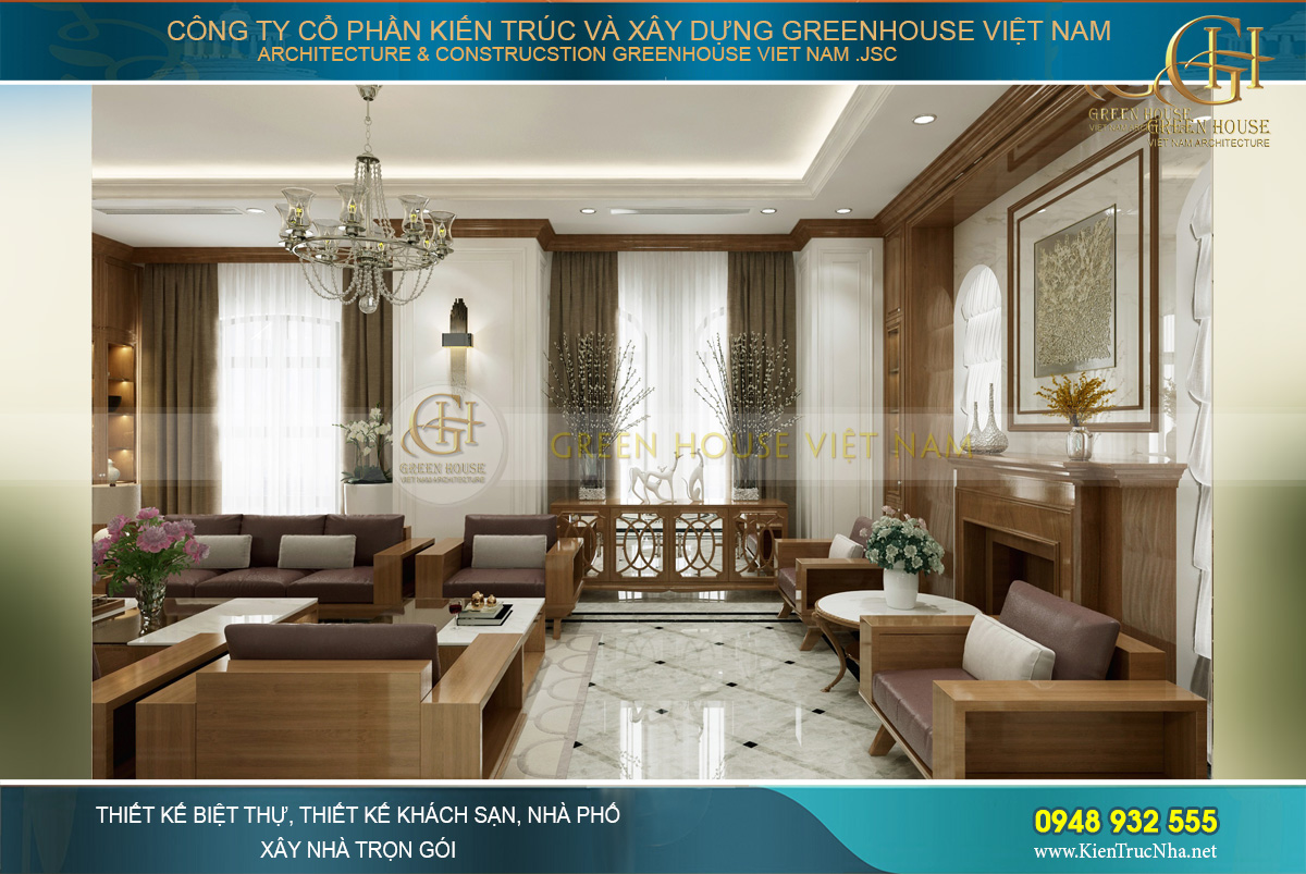 Thiết kế giả lò sưởi phong cách châu Âu kết hợp với bộ bàn trà mang âm hưởng Á Đông rõ nét
