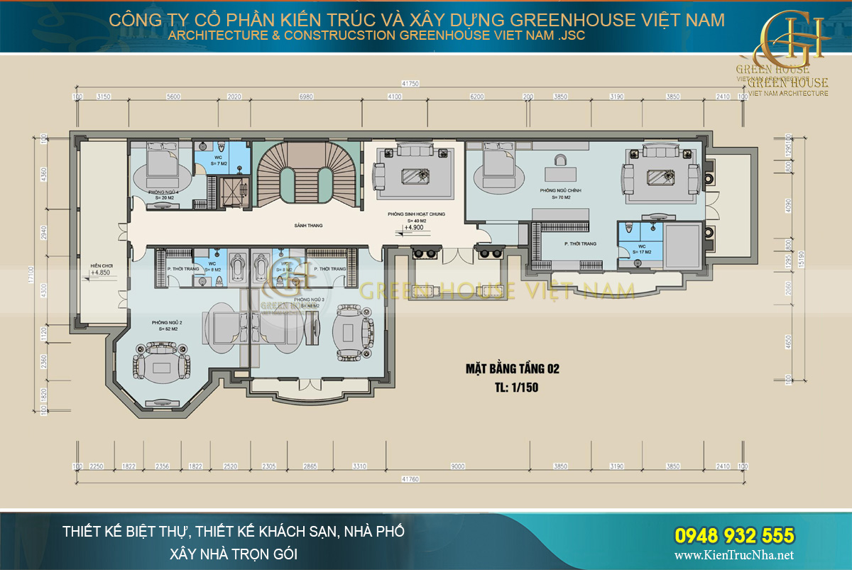 thiết kế nội thất dinh thự 2 tầng bạc liêu