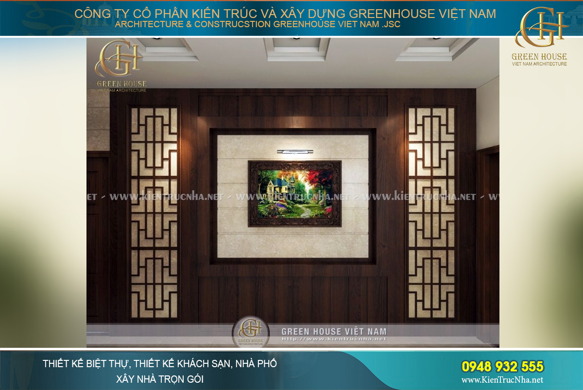 Một khung tranh nghệ thuật được bố trí treo tường làm điểm nhấn cho đại ảnh