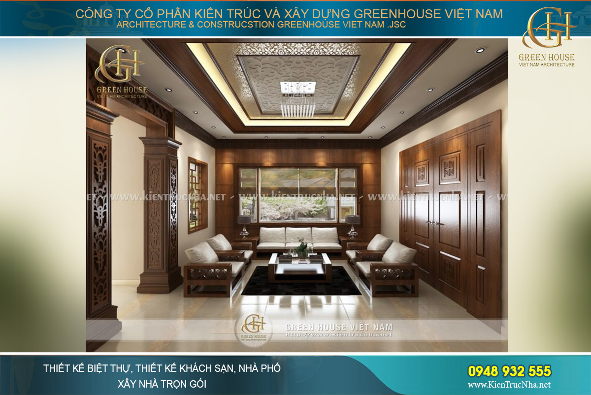 Không gian phòng khách Á Đông đẹp bề thế với khung trần cao rộng
